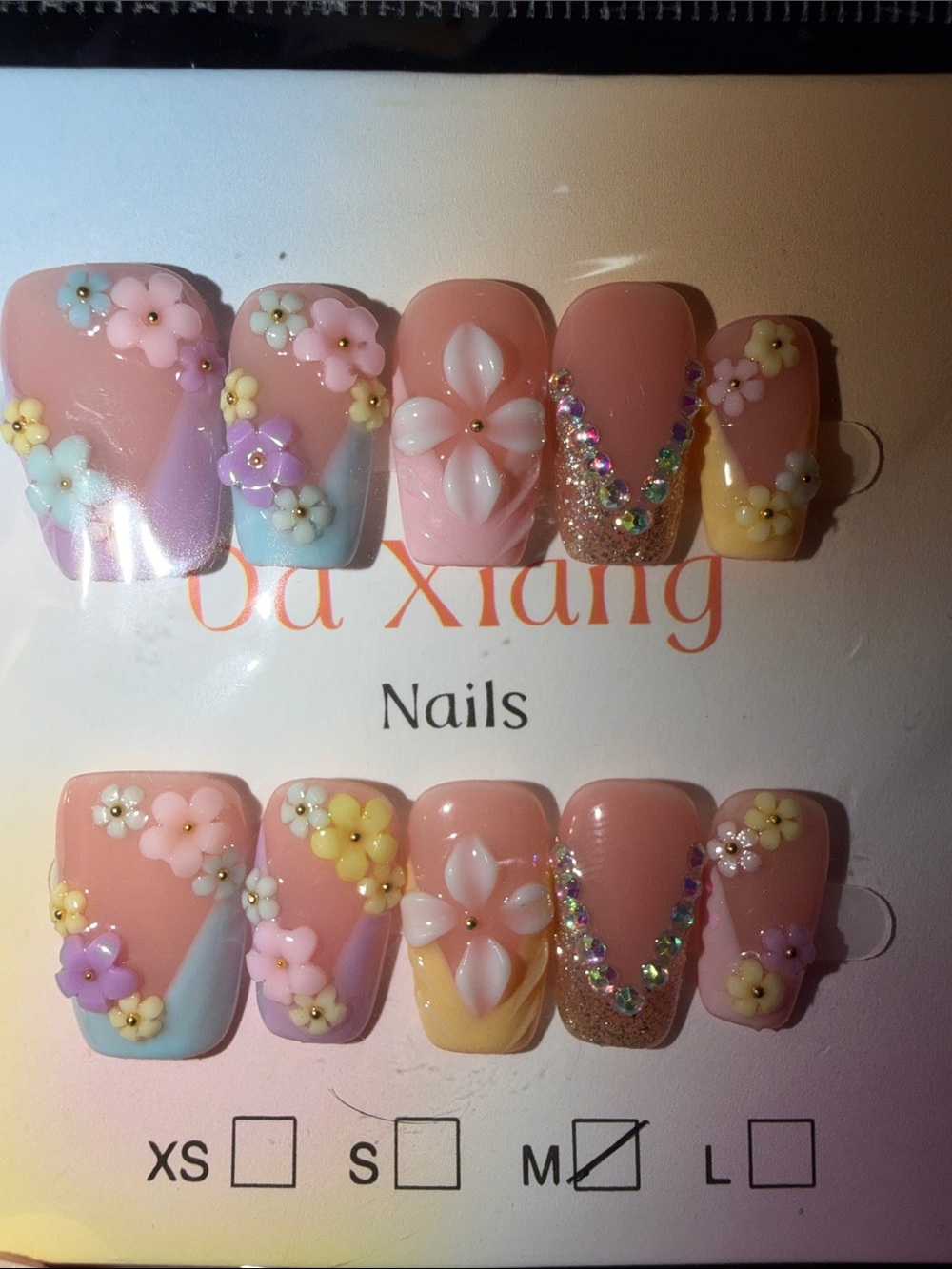Pastel 3D Floral Press-On Nails with Rhinestones - Picture 1 of 1